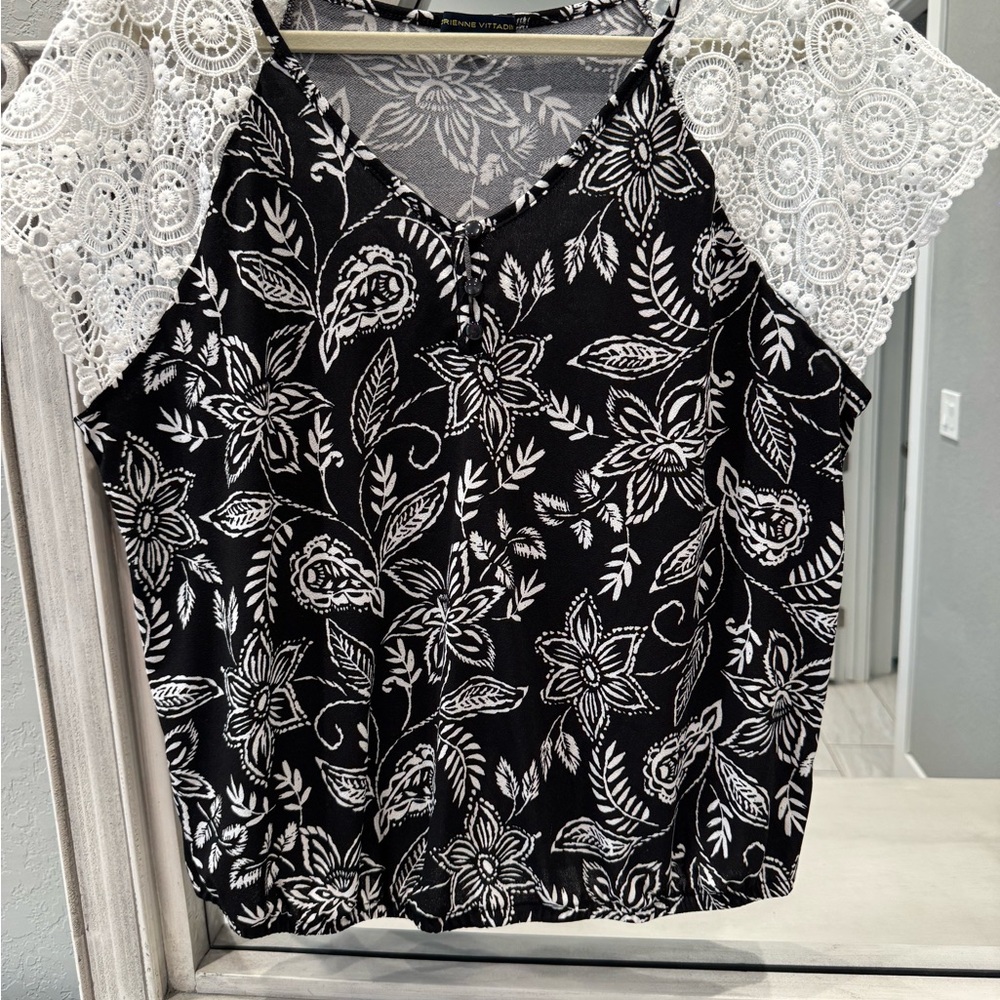 Floral Lace Sleeve Black and White Top
